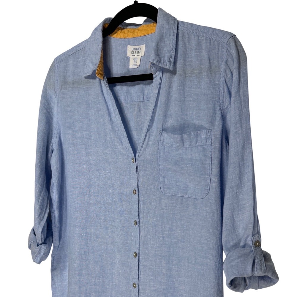 Sigrid Olsen Women Blue 100% Linen Button Down Shirt Roll Tab Sleeve Size M